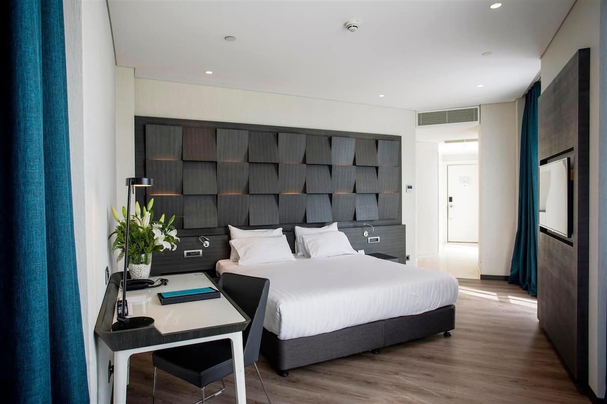 A modern hotel room with a large bed, a desk with a chair, a potted plant, and a flat-screen TV mounted on the wall.