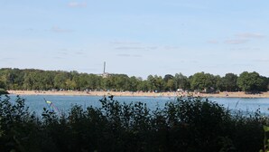 Ein Strand mit blauem Himmel, Bäumen und einem Gebäude in der Ferne.
