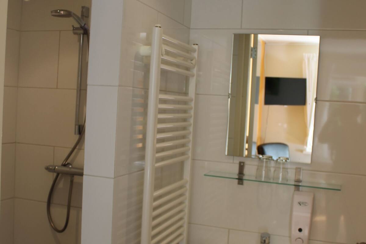 basic double room, 2 single beds (1st floor) | bathroom | shower, free toiletries, hair dryer, towels
