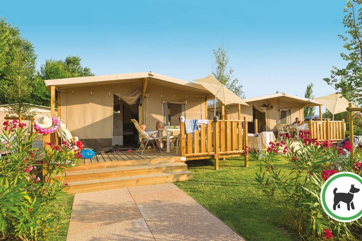 A campsite with two tents, a wooden deck, and a dog park sign.
