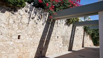 A stone wall with a metal railing and a potted plant with red flowers.