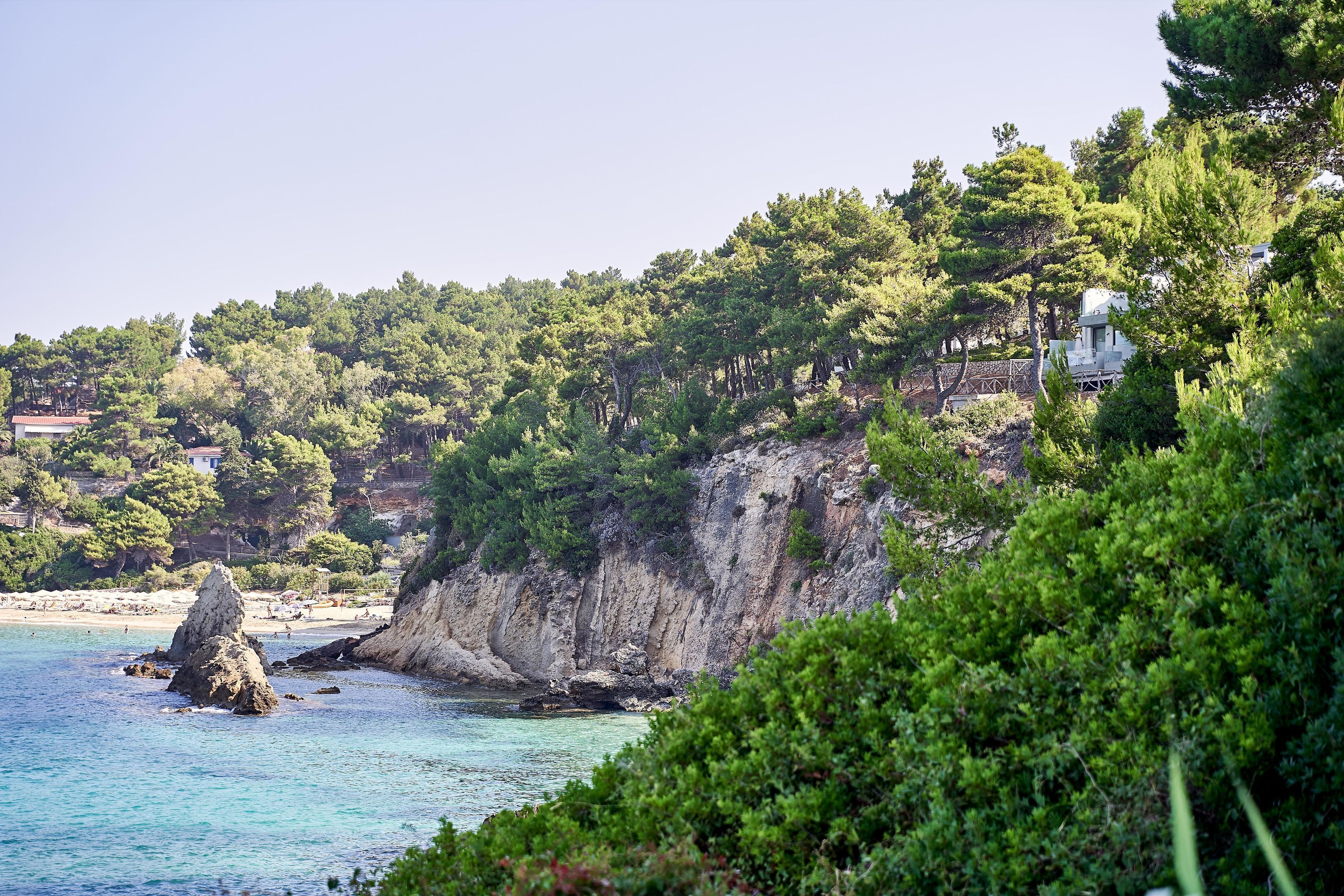 A coastal landscape with a rocky outcrop in the sea, dense greenery, and buildings in the background.