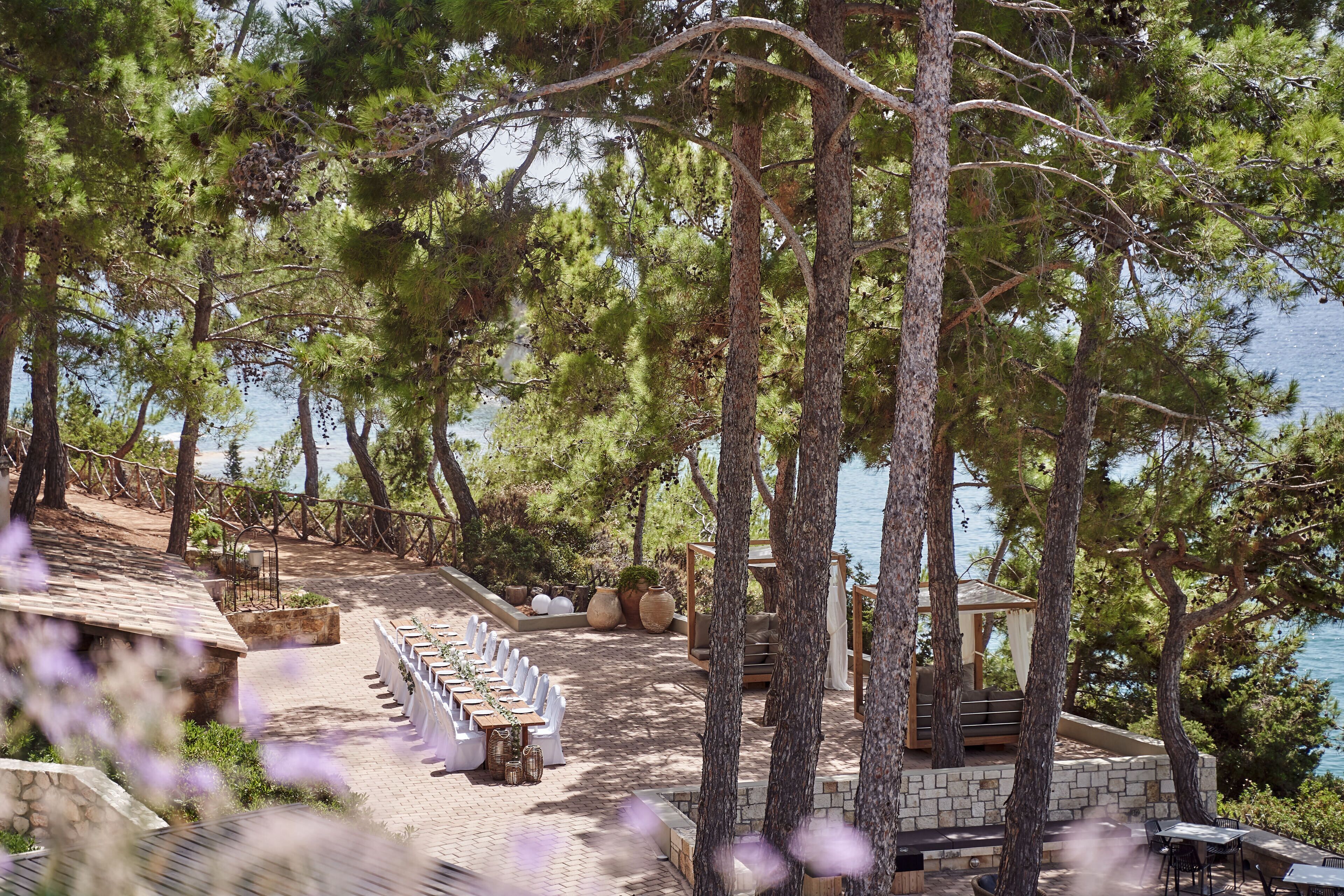 A terrace with white chairs and tables, surrounded by trees and overlooking a body of water.