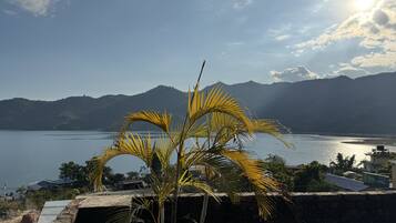 A view of a lake with mountains in the background, a palm tree in the foreground, and a building with solar panels.