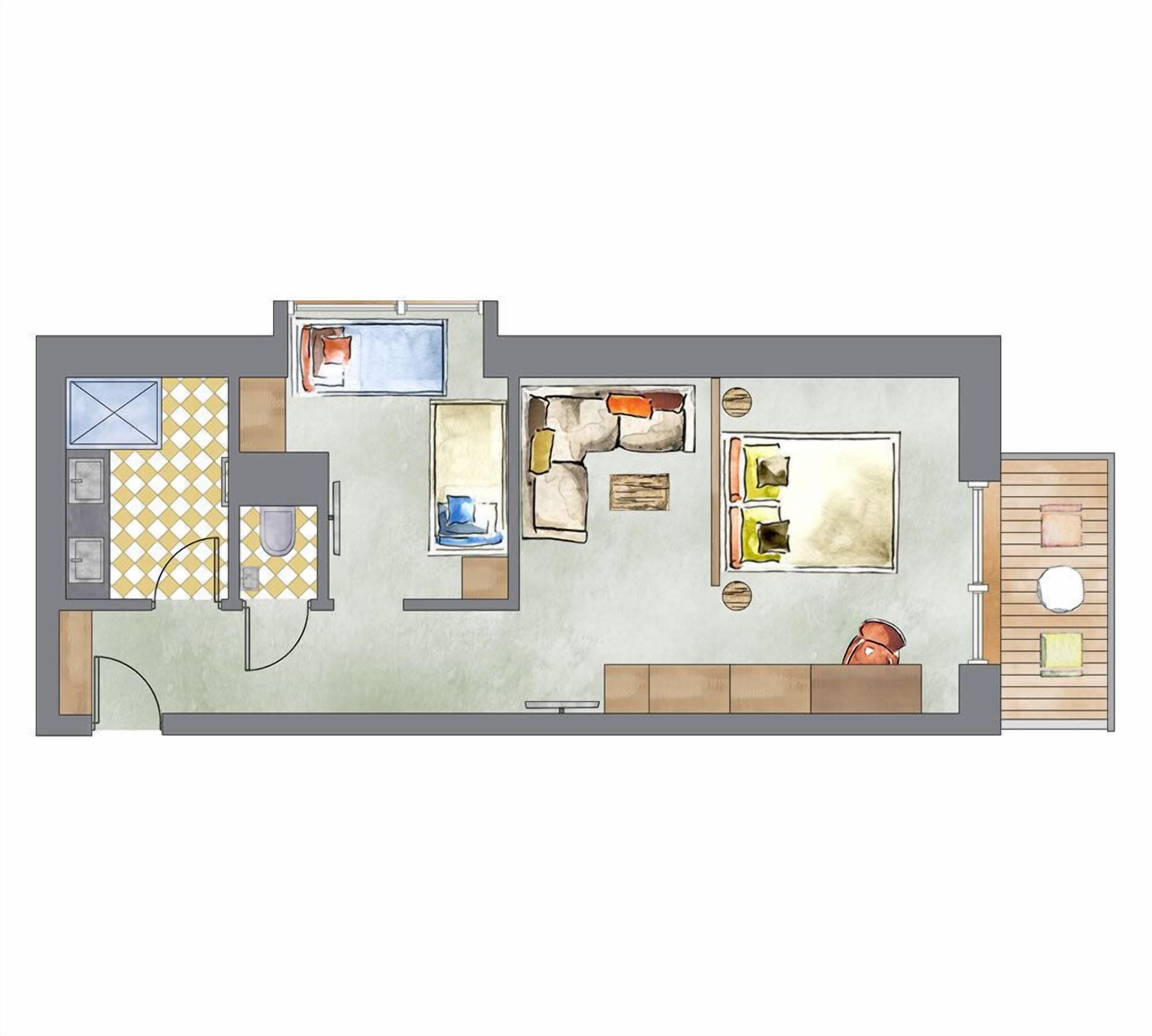 A floor plan of a hotel room with a kitchen, a bathroom, a living area with a sofa and coffee table, and a small balcony.