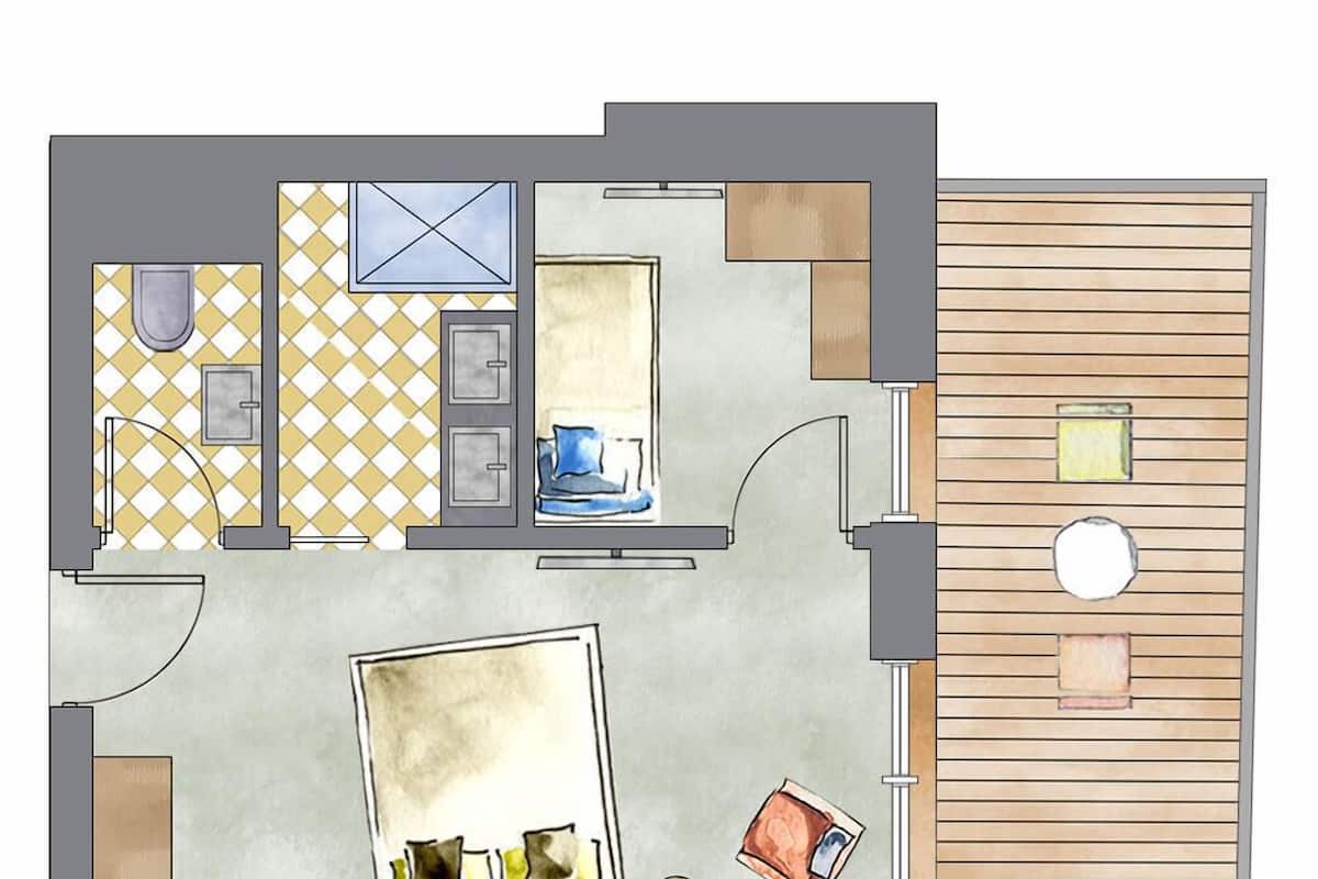 Plano de un cuarto de hotel con baño, una kitchenette, una zona de estar con sofá y sillones, y una terraza de madera.