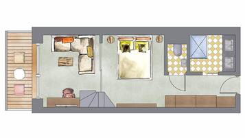 Grundriss eines Hotelzimmers mit Wohnbereich, einer Küche und einem Badezimmer.