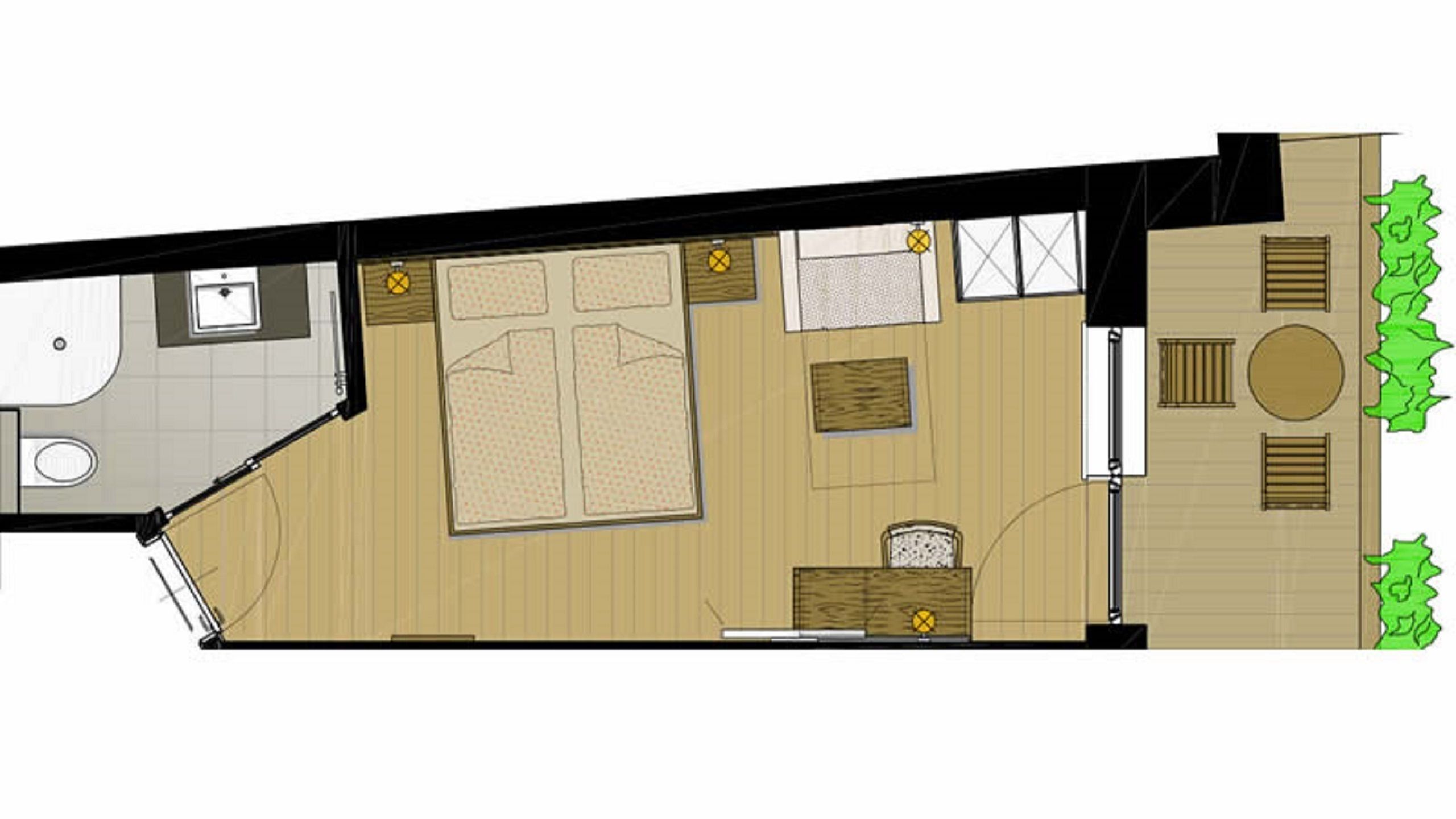 A floor plan of a hotel room with a bathroom, a seating area with a sofa and a table, a small kitchen area, and a balcony with a view.