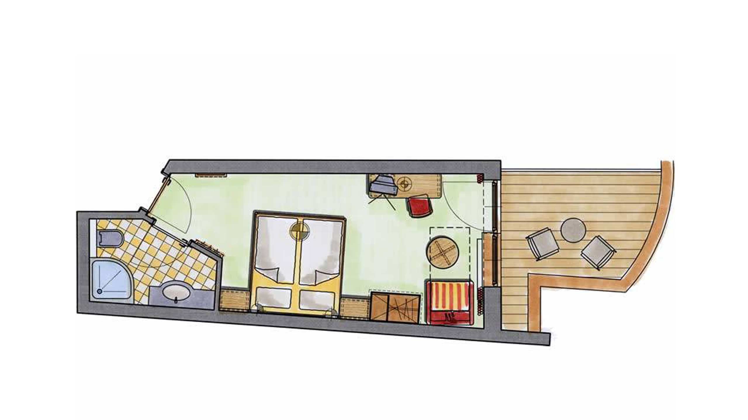 Plano de planta de una habitación de hotel con baño, cocina y zona de estar con mesa y sillas.