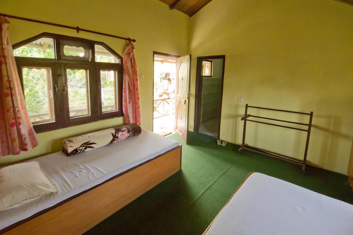 A room with a bed, a window with curtains, a door, and a green floor.