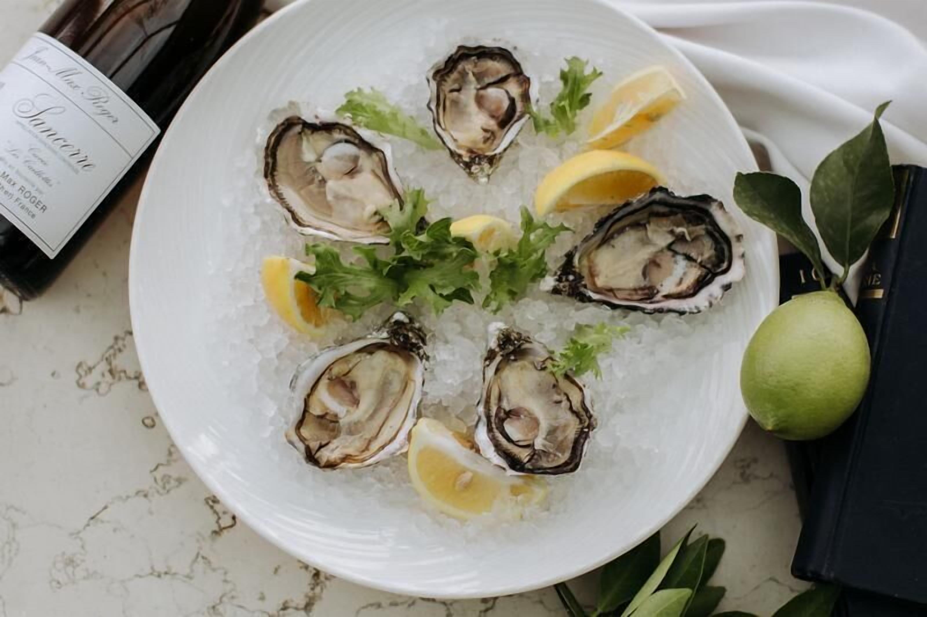 A plate of oysters on ice with lemon wedges and parsley, accompanied by a bottle of wine and a book.