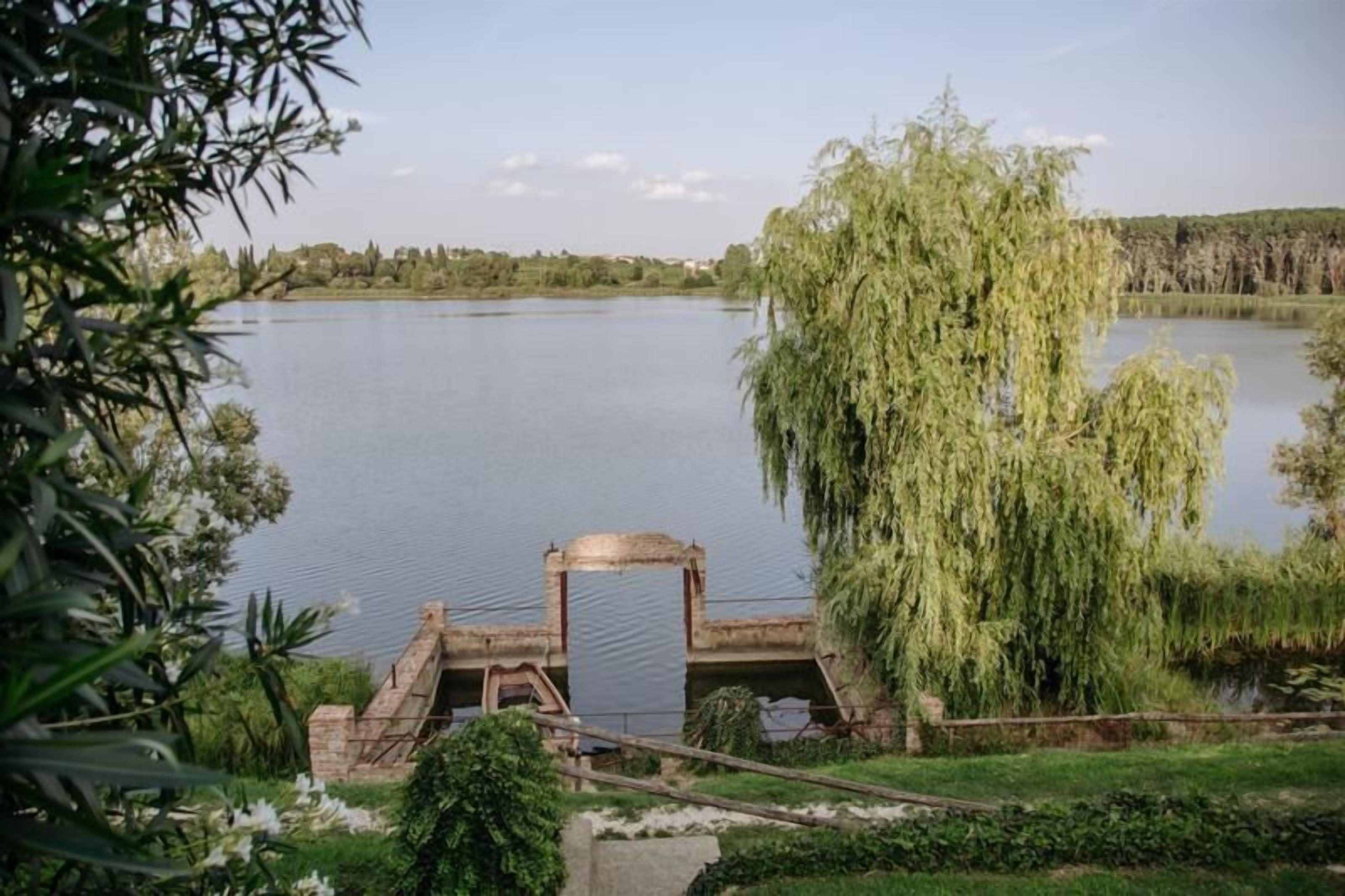 Un lago sereno con un sauce llorón en primer plano, una estructura de piedra cerca de la orilla y una línea de árboles en la distancia.