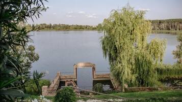 Un lago sereno con un sauce llorón en primer plano, una estructura de piedra cerca de la orilla y una línea de árboles en la distancia.
