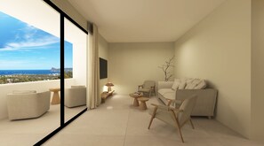 Superior tweepersoonskamer, balkon, uitzicht op zee | Woonruimte | Een flatscreentelevisie