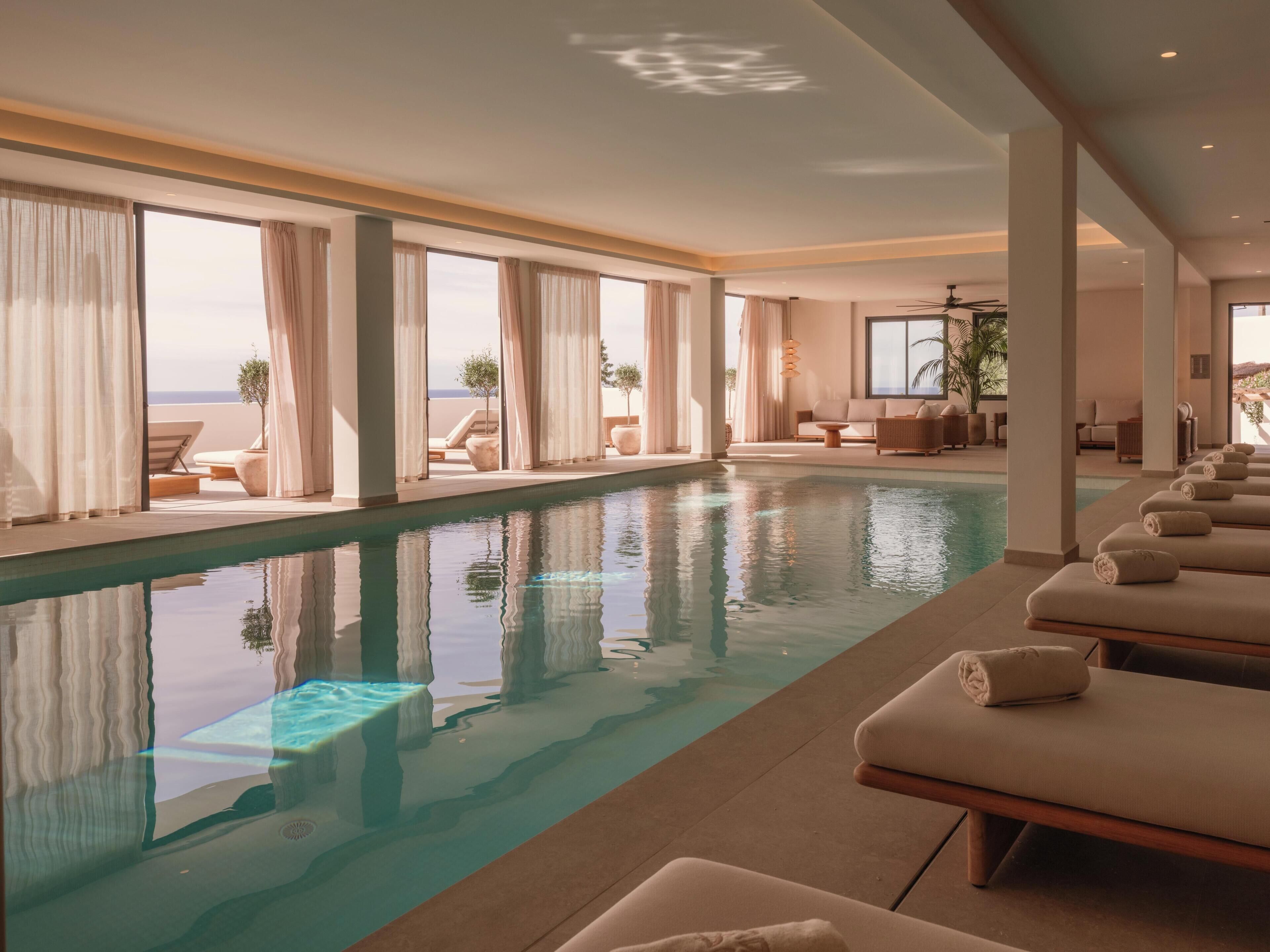 Indoor pool, outdoor pool, pool loungers