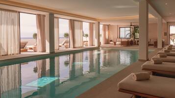 Indoor pool, outdoor pool, pool loungers