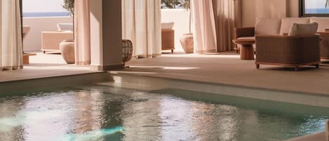 Indoor pool, outdoor pool, sun loungers