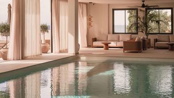 Indoor pool, outdoor pool, sun loungers