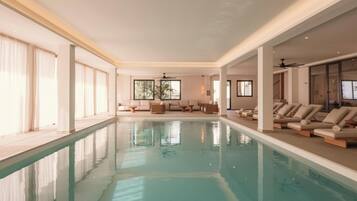 Indoor pool, outdoor pool, pool loungers