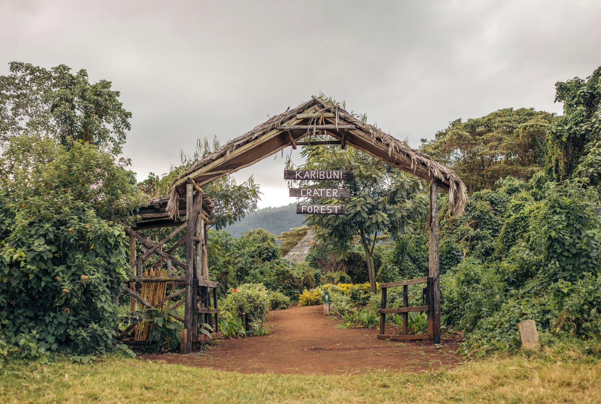 A rustic wooden archway with a sign reading 'Karibuni Crater Forest.'