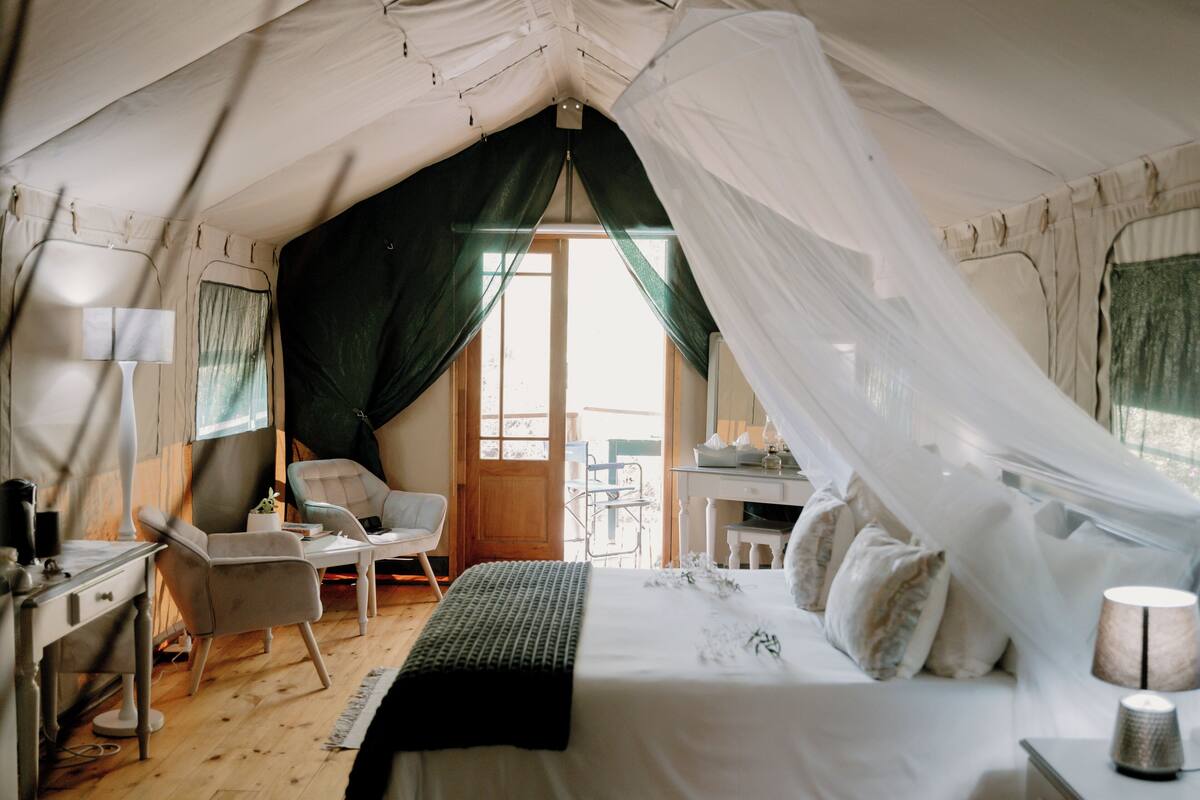 Alojamiento con carpa que incluye una cama, una silla, un escritorio y una lámpara.