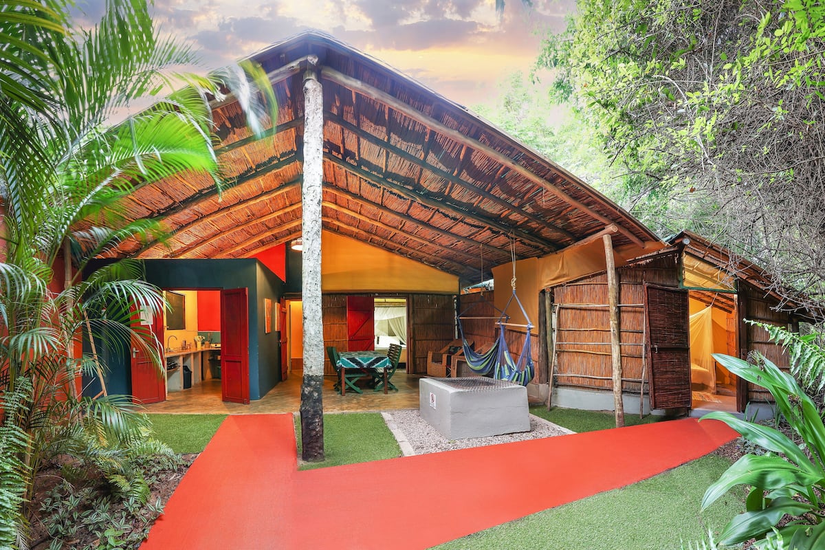 A thatched-roof structure with a red pathway leading to a wooden door, surrounded by lush greenery.