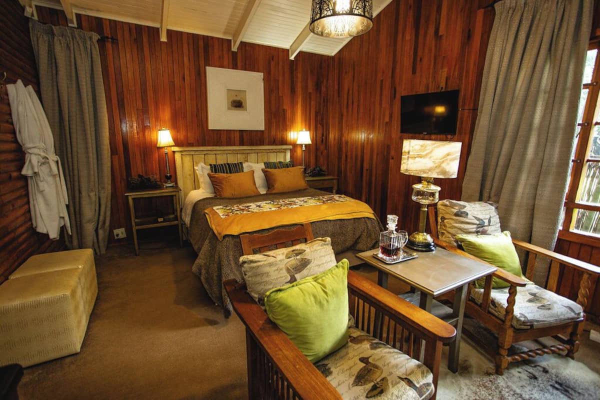 Habitación con temática de madera, con cama, mesita de noche, lámpara, silla y televisor.