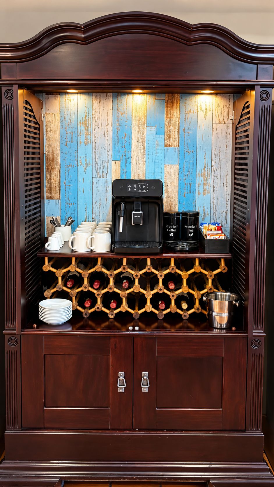 A coffee station with a coffee machine, cups, and a wine rack.