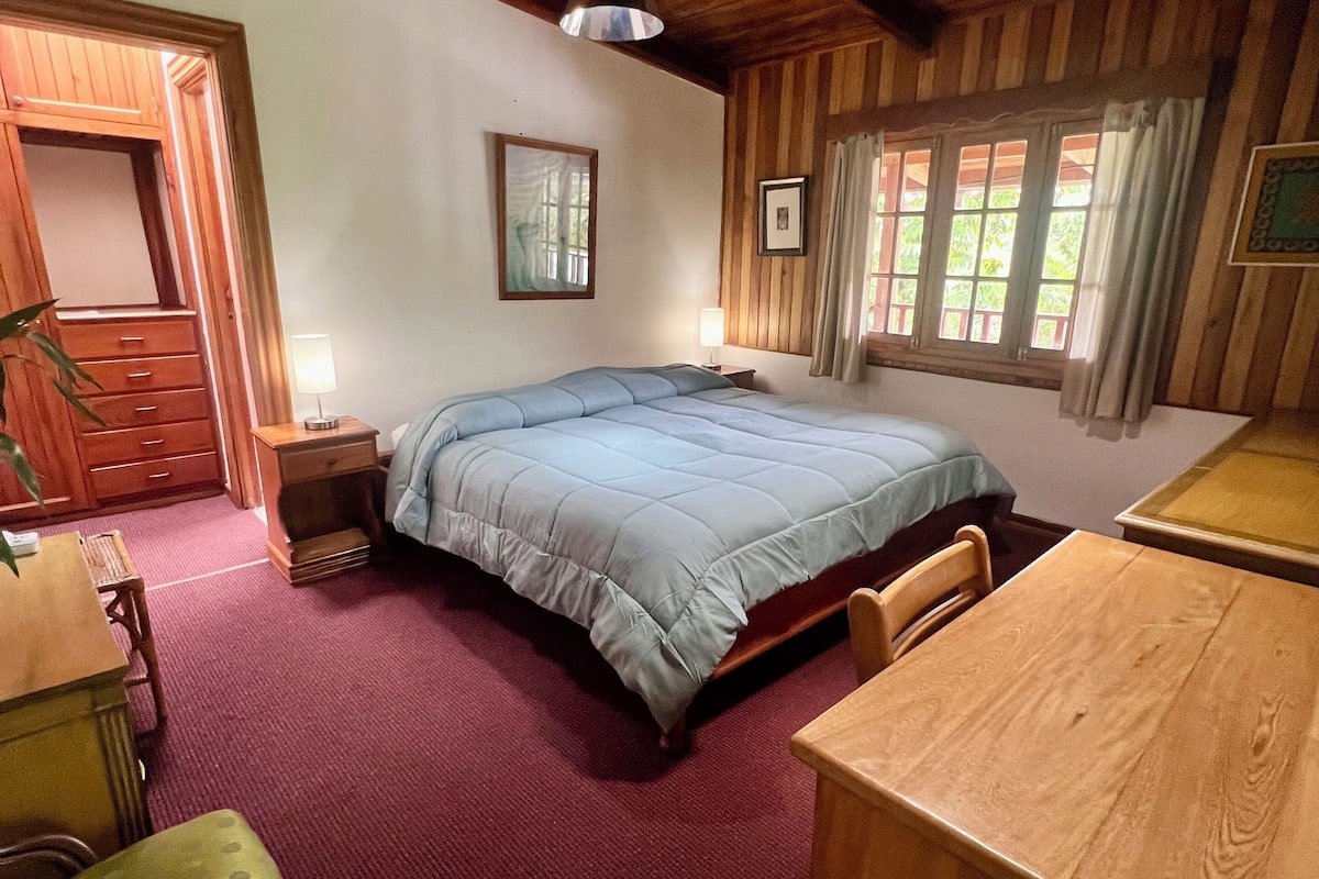 A bedroom with a wooden ceiling, a bed with a blue blanket, a wooden desk, and a chair.