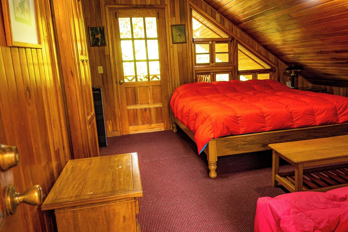 A cozy room with a wooden ceiling, a large bed with a red blanket, a wooden bench, and a door with a window.