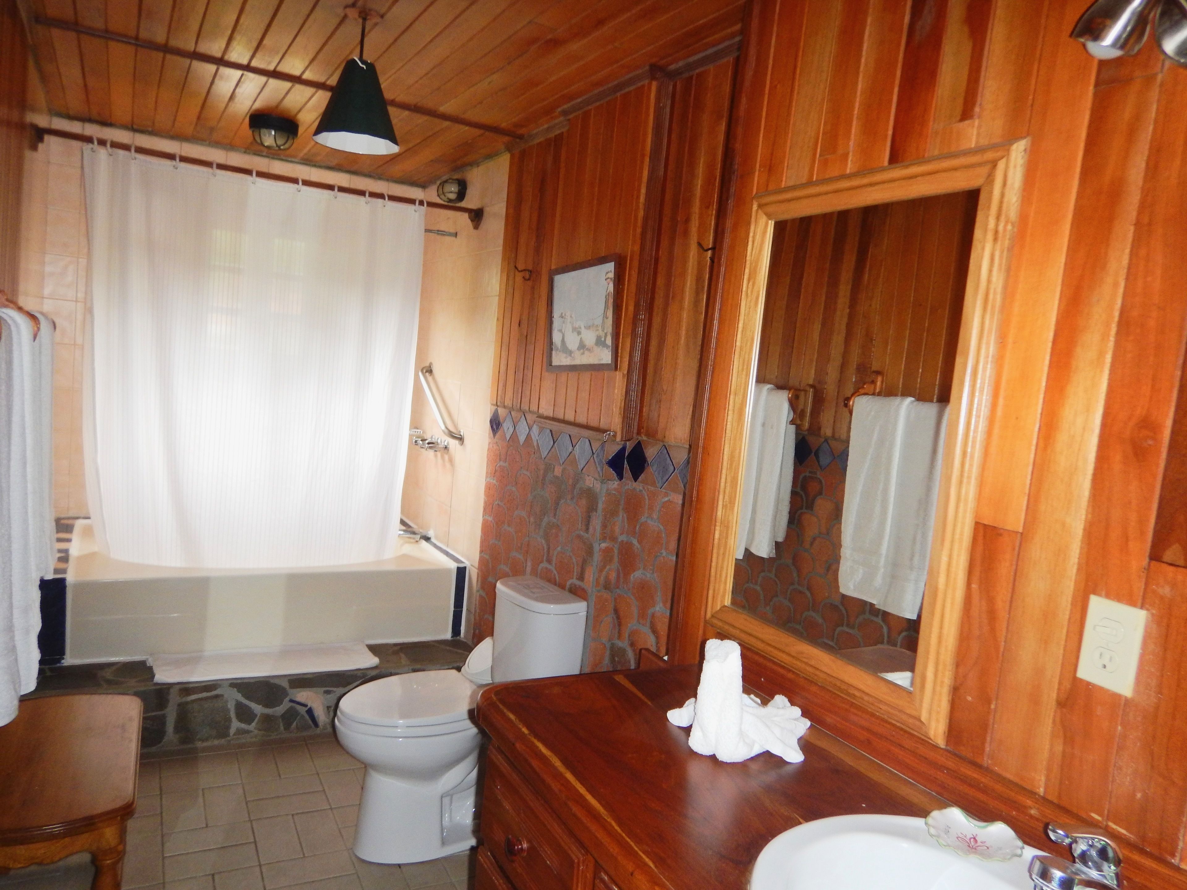 A bathroom with a wooden vanity, a bathtub, a toilet, and a large mirror.