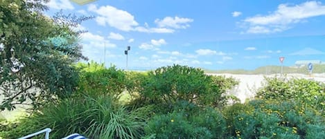 Un espacio al aire libre cubierto con piso de madera, cojines a rayas y vista a la playa y al cielo.