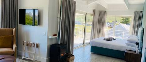 A modern bedroom with a large bed, a fireplace, a TV, and a view of the outdoors.