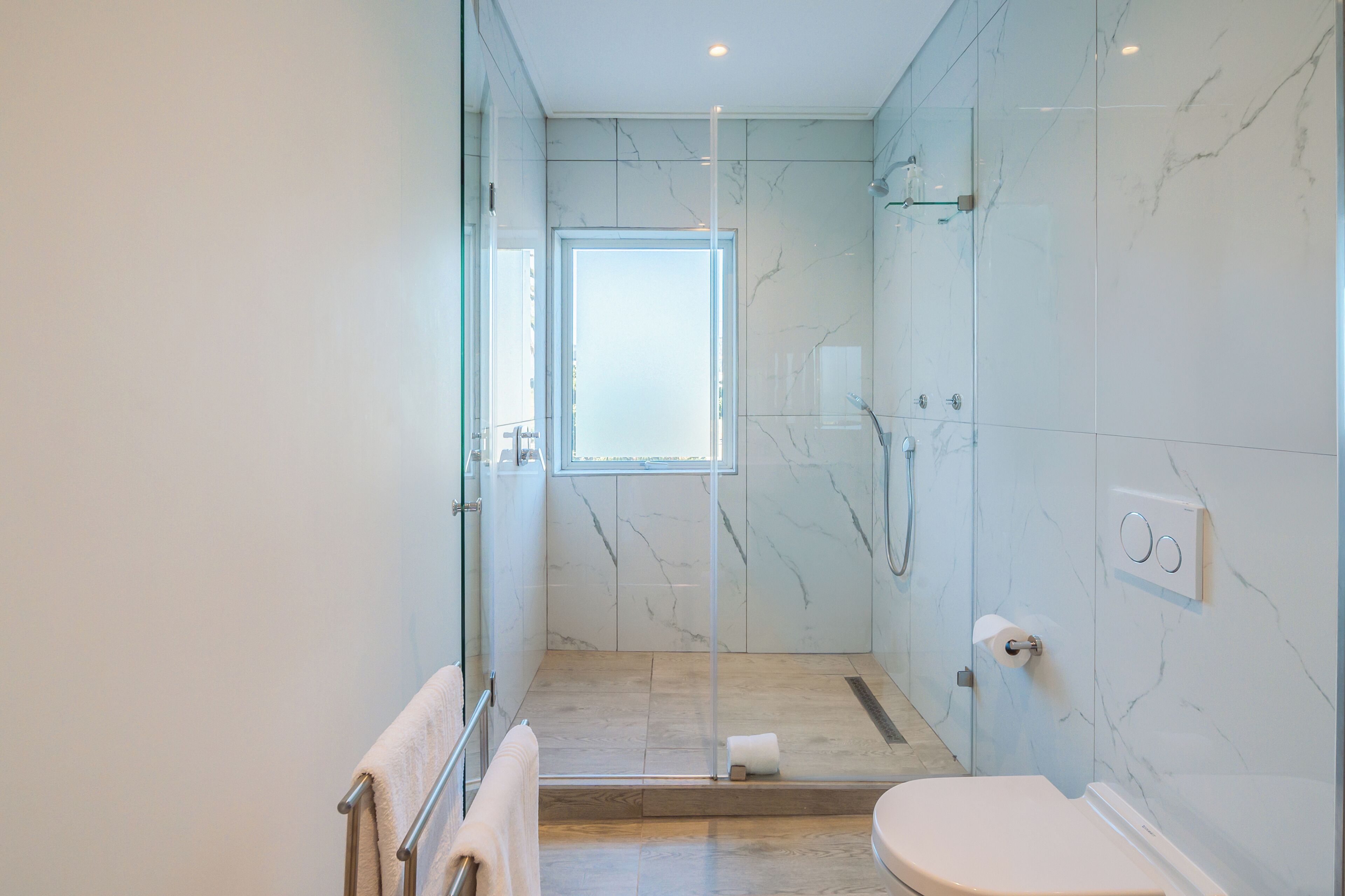 A modern bathroom with a glass shower enclosure, a toilet, and a glass door leading to a shower area.