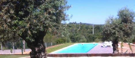 Una piscina al aire libre, sombrillas, tumbonas