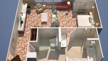 A 3D floor plan of a modern hotel room with a living area, a separate bedroom, a bathroom, and a balcony.