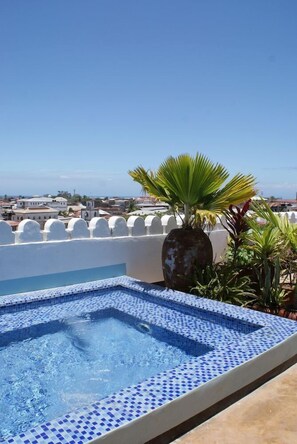 A rooftop pool with a tiled edge, surrounded by plants and a clear view of the cityscape. - The Swahili House (Zanzibar Town)