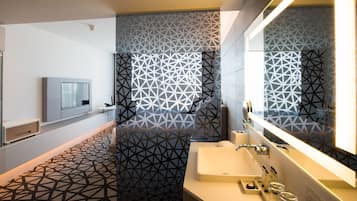 Designer toiletries, hair dryer, bathrobes, slippers