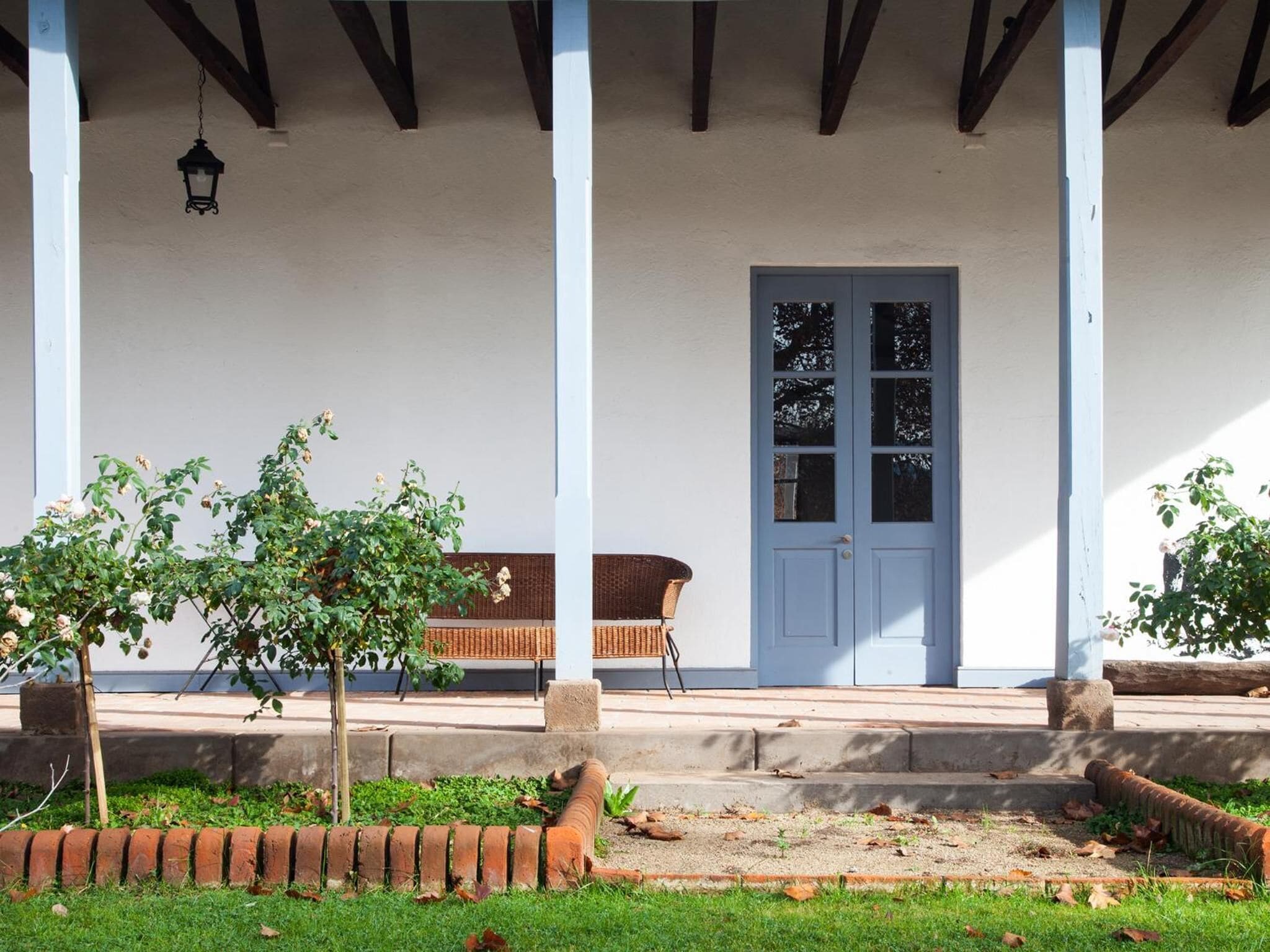 A porch with a blue door, a wicker chair, and a small tree.