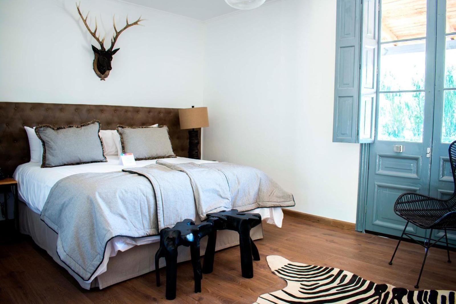 A bedroom with a bed, a mounted deer head, a zebra-patterned rug, and a chair by the window.