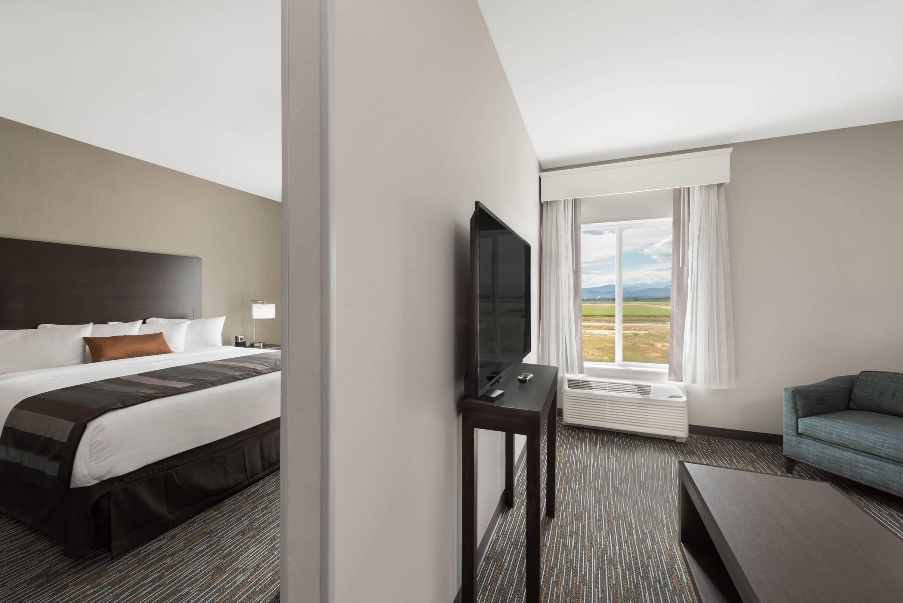 A hotel room with a bed, TV, and a view of the outdoors.