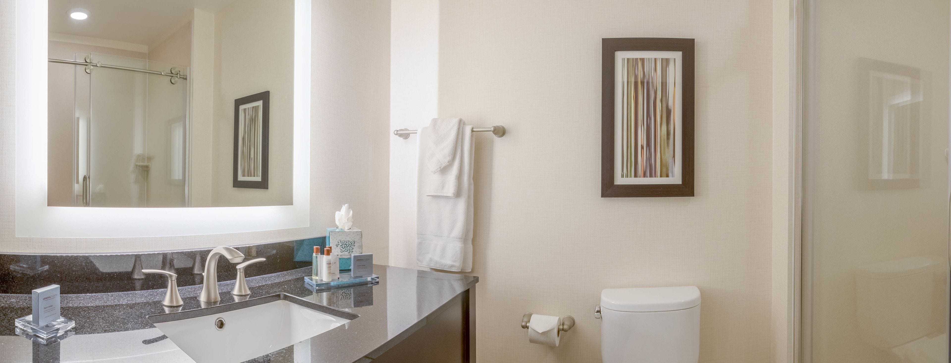 room, 1 king bed, refrigerator & microwave | bathroom | free toiletries, hair dryer, towels