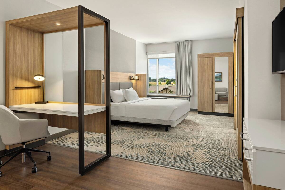 1 bedroom, desk, blackout drapes, iron/ironing board