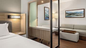 1 bedroom, desk, blackout drapes, iron/ironing board