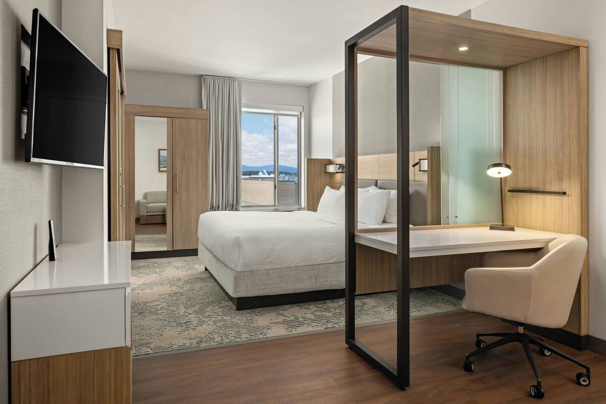 1 bedroom, desk, blackout drapes, iron/ironing board