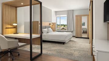 1 bedroom, desk, blackout drapes, iron/ironing board