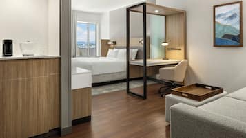 1 bedroom, desk, blackout drapes, iron/ironing board
