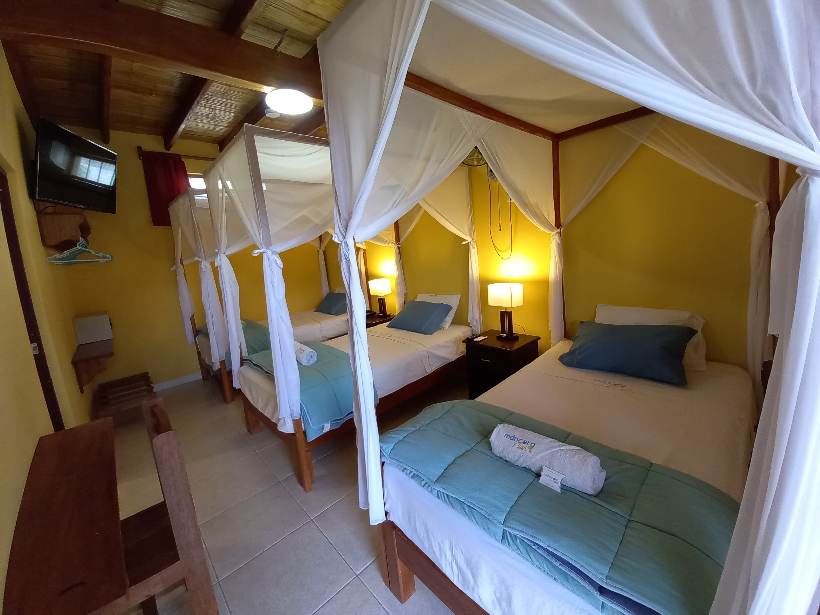 triple room, terrace, pool view | in-room safe, desk, free wifi, bed sheets