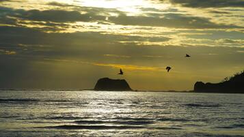 A sunset over a body of water with silhouettes of landforms and birds in the sky.