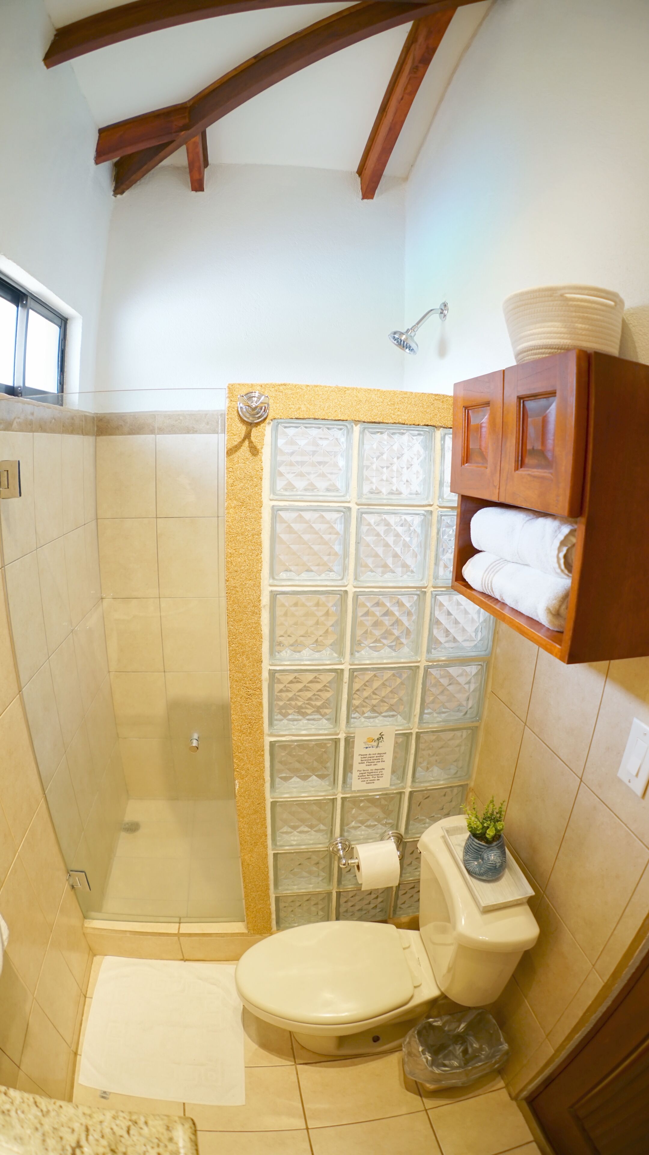 A bathroom with a shower, toilet, and a cabinet with towels.